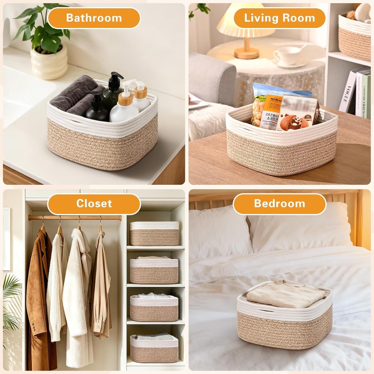 Storage Baskets for Shelves, 2 Pack Shallow Basket – 10.5″ x 10.5″ x 5.5″, Rope
