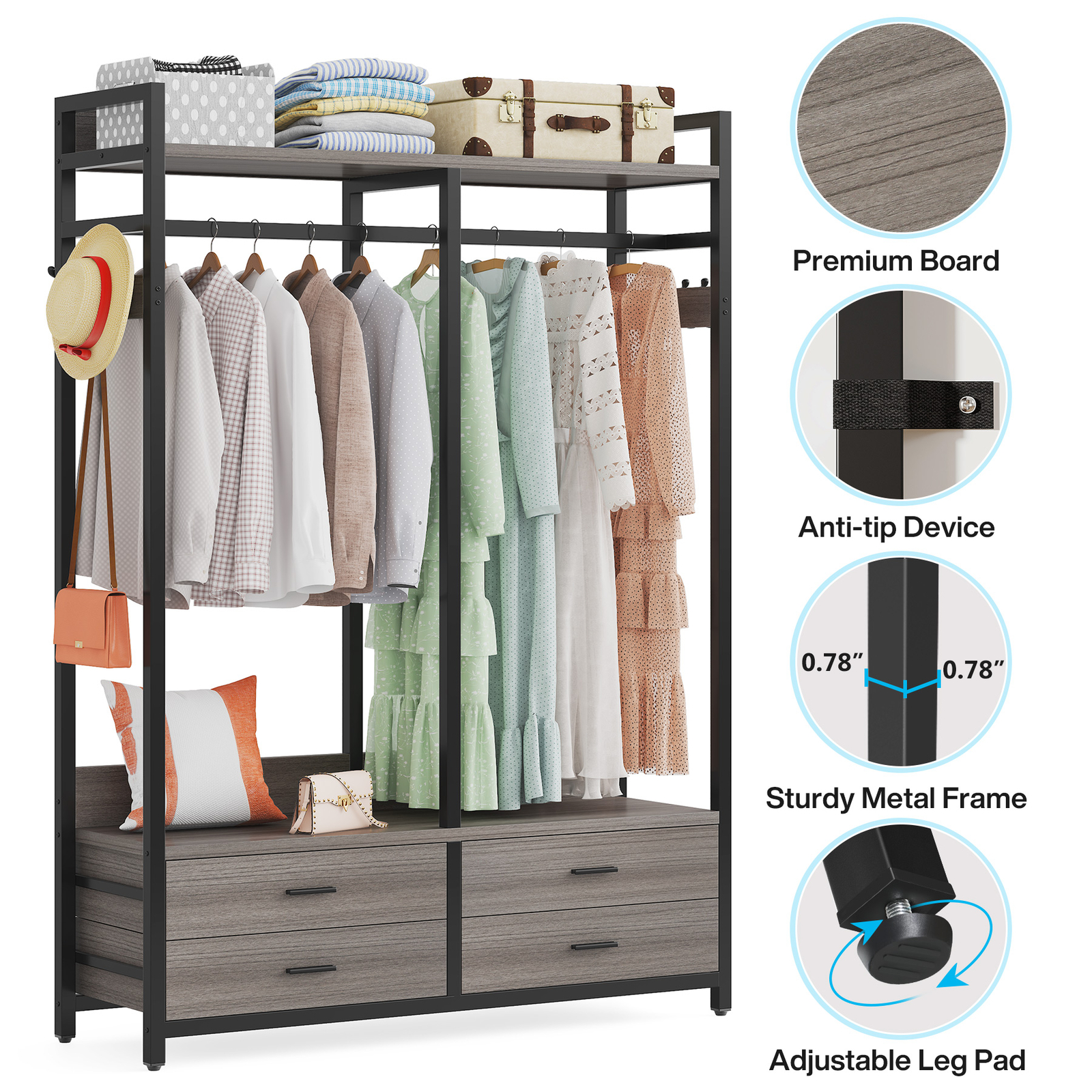 Tribesigns Closet Organizer with 4 Large Drawers, Clothes Garment Rack with Hook