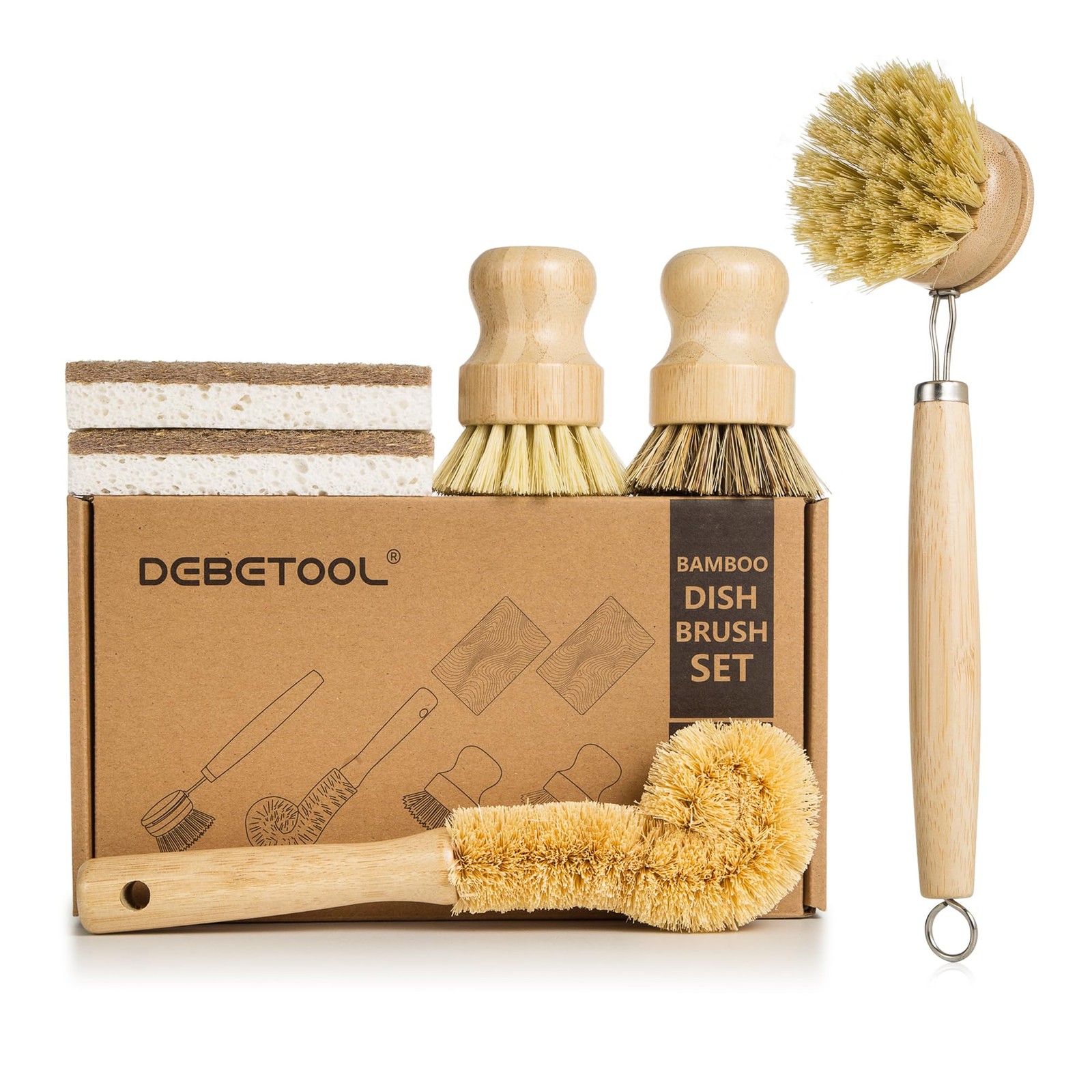 6Piece Bamboo Dish Brush Set with Coconut Sponge