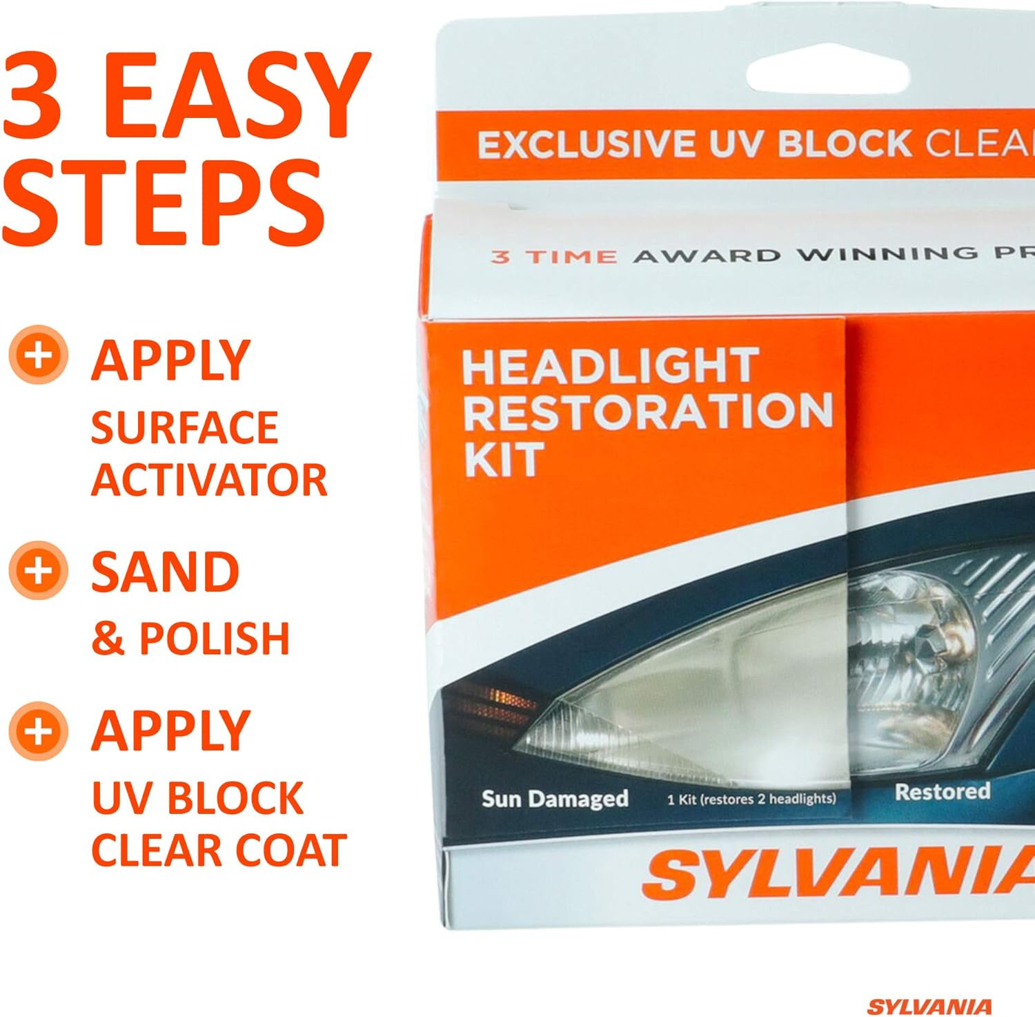 Sylvania Headlight Restoration Kit Renew Clarity Shine Easy 3 Step Process