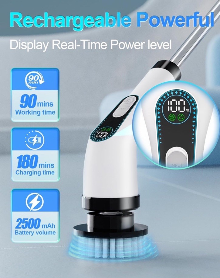 Cordless Electric Spin Scrubber with 7 Replaceable Attachments , Tub Tile Floor