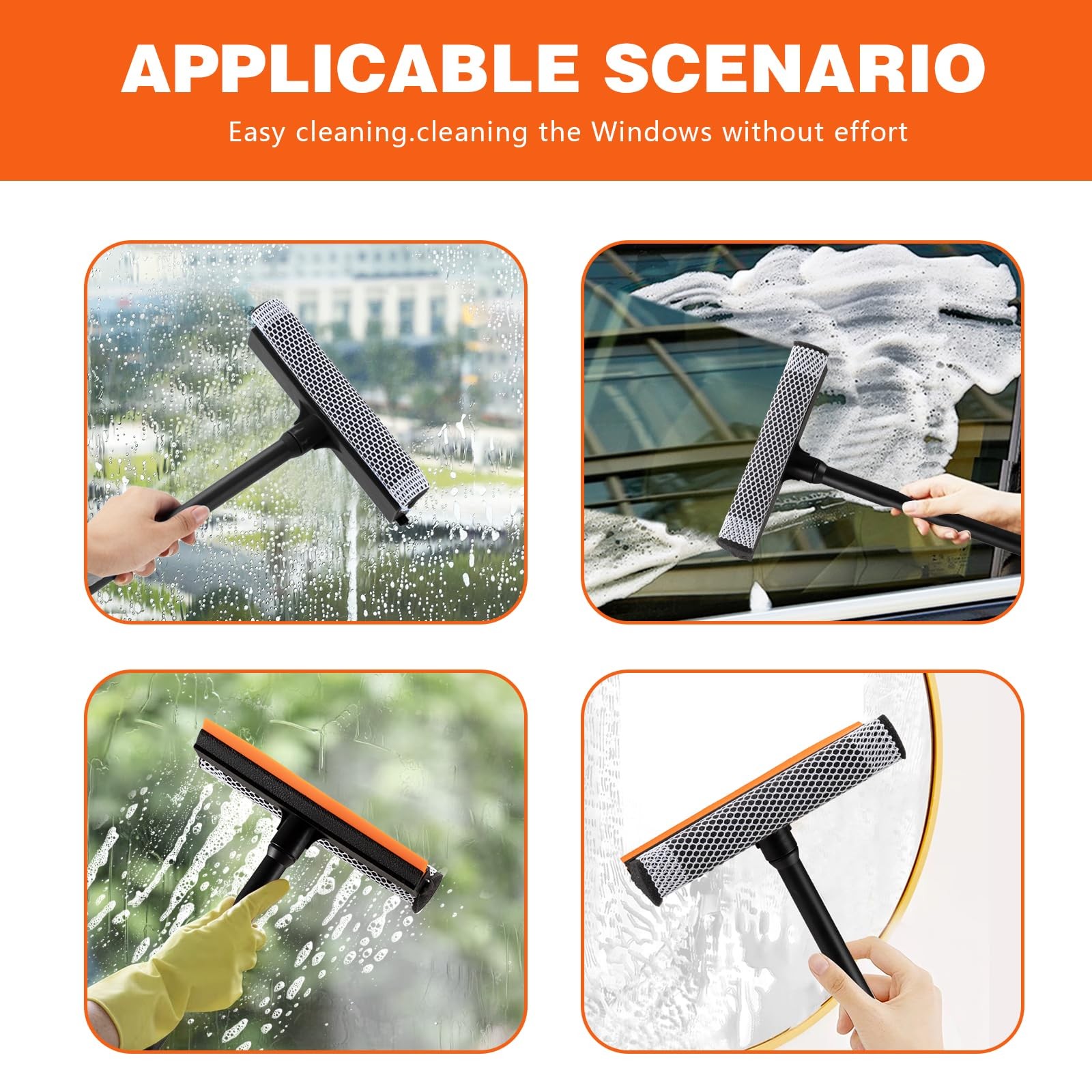 Gas Station Window Squeegee, 16 Inch Handle, 2 In 1 Car Glass Cleaner