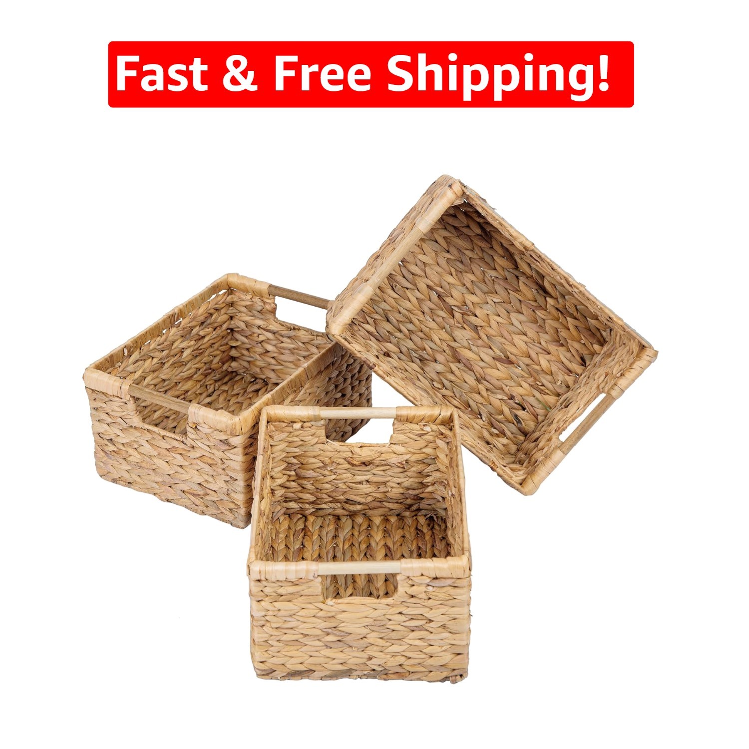 Elegant Water Hyacinth Wicker Baskets – Large Rectangular 3-Pack (14.5×10.3×7.5)