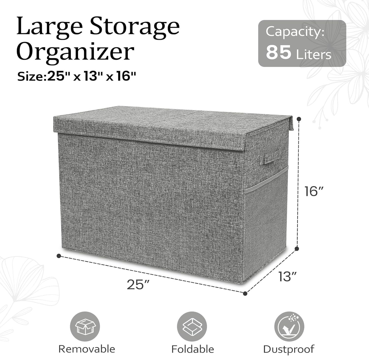 Large storage box with lid and handle, 25 inches × 13 inches × 16 inches, gray