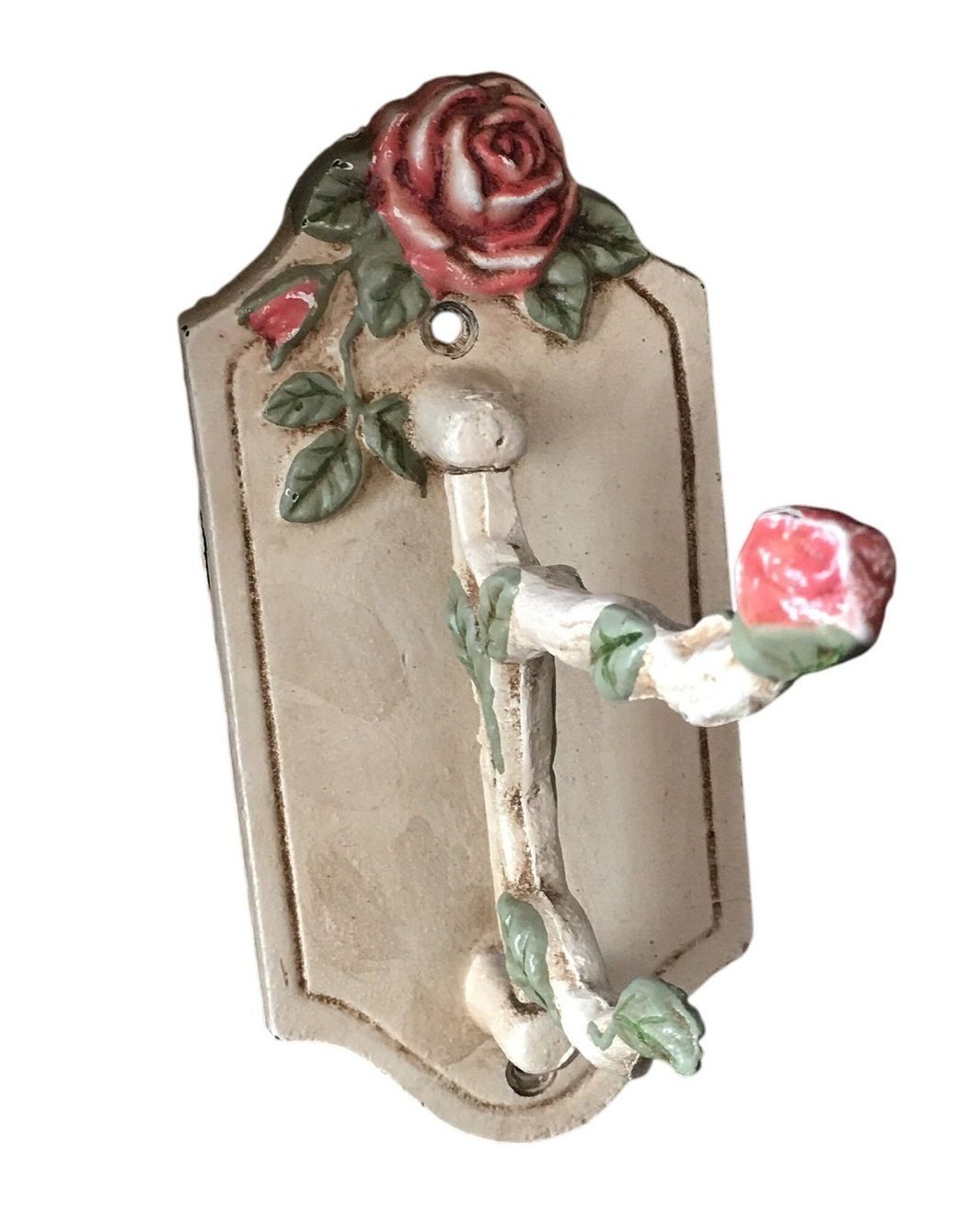 Shabby Chic 6” x 2.75” x 5.25” Cast Iron Wall Hook Distressed White+Pink Rose