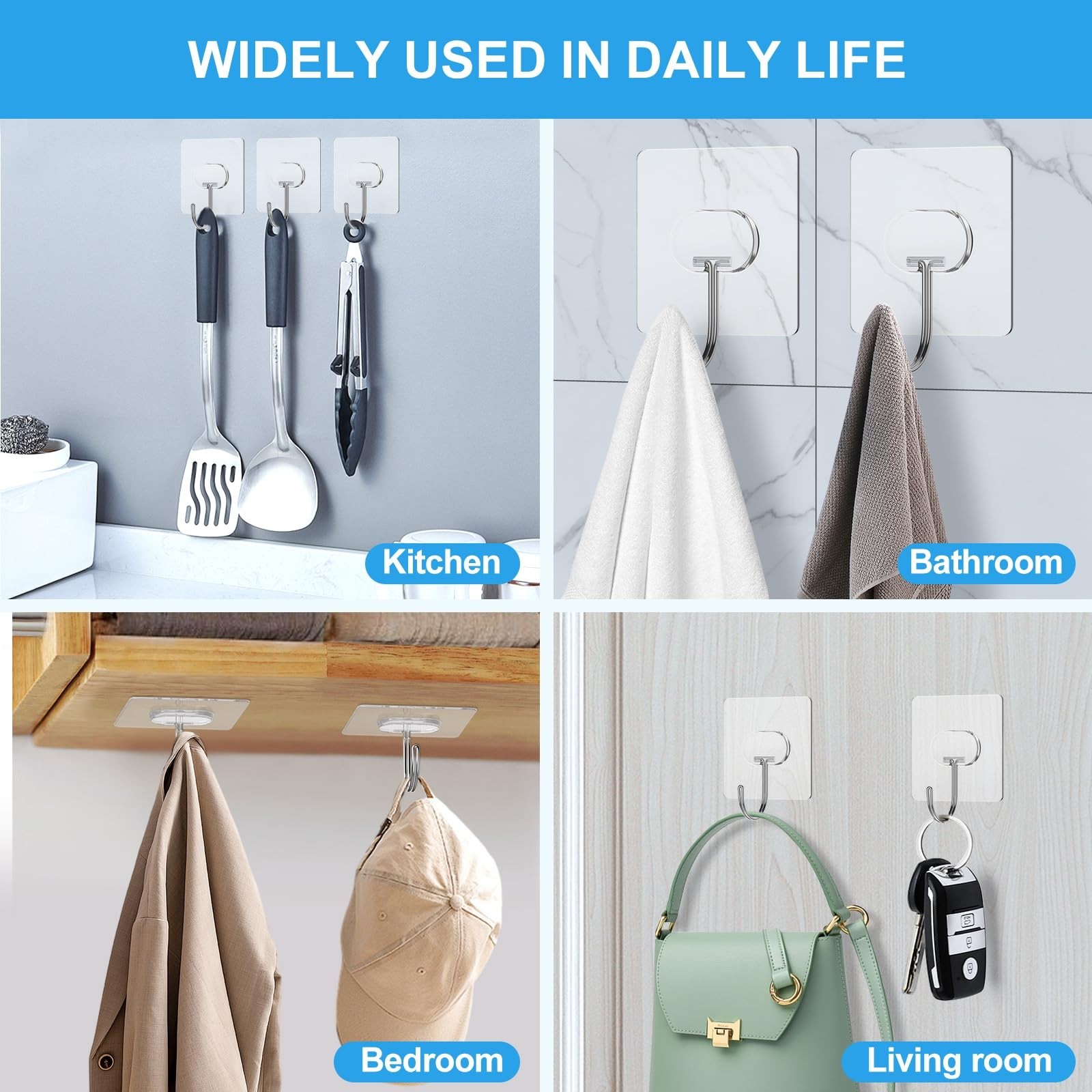Heavy Duty No Drill Adhesive Wall Hooks – 8 Pack, 13LB Max Load, Waterproof, Cle