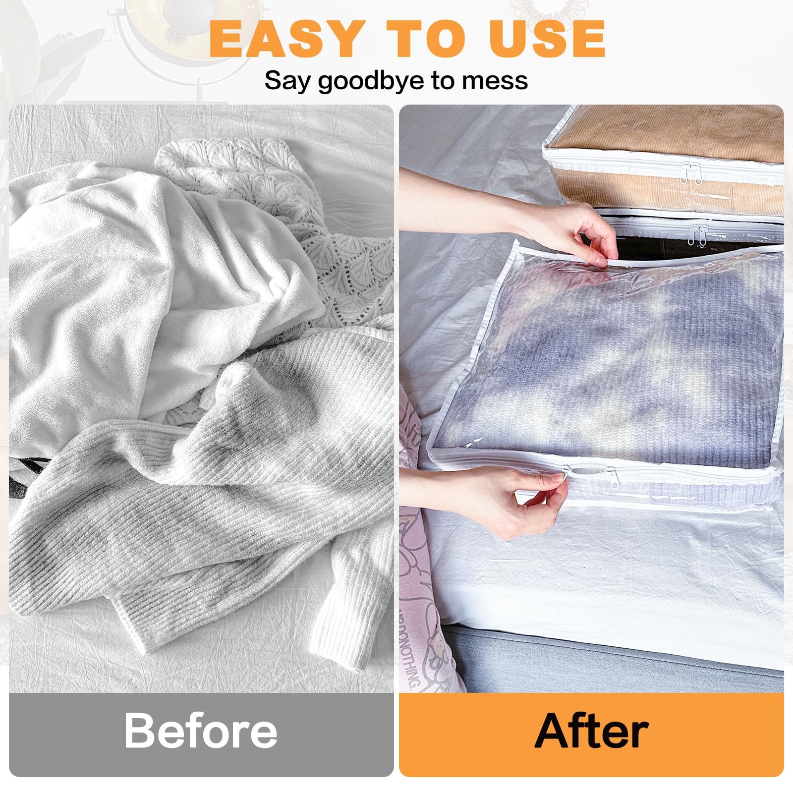 6 PCS 15.7×13.8×3.9 Inch White Clear Plastic Zippered Sweater Storage Bags