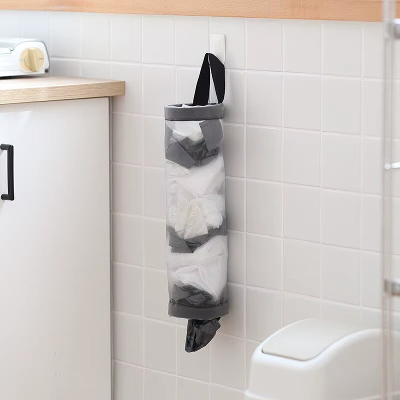 1Pc Grey Sundries Bag Storage Wall Mount Mesh Plastic Bags Dispenser Hanging Reu