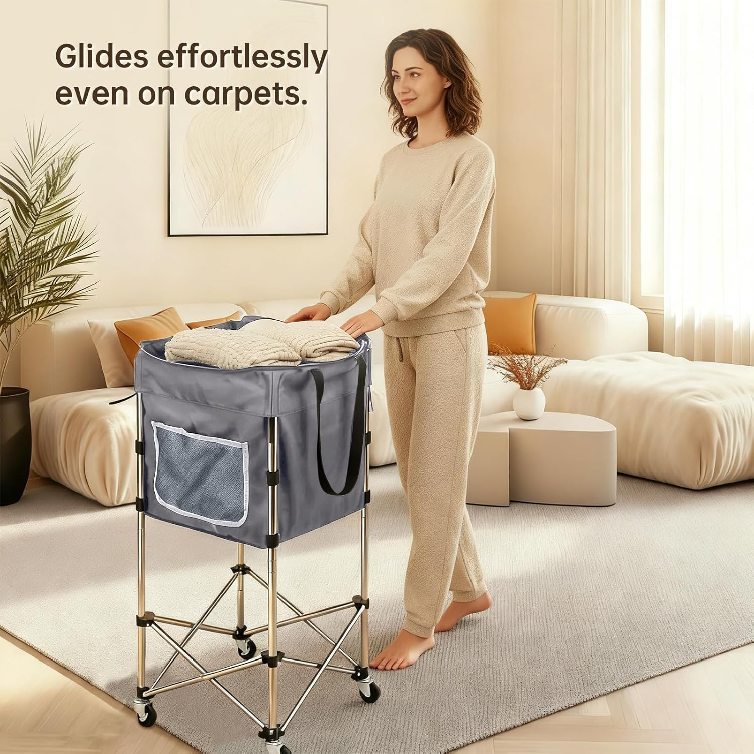 35.9 Inch Laundry Cart with Wheels No Bend Design Stainless Steel Frame Grey