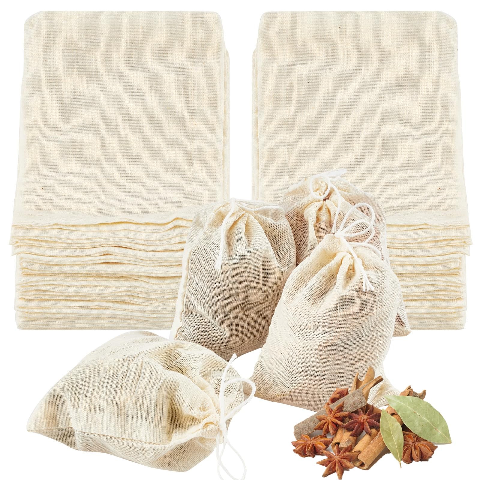 TUZAZO 50 Pcs Muslin Bags with Drawstring 4 x 4×6 inch, 50 pcs, Nature color