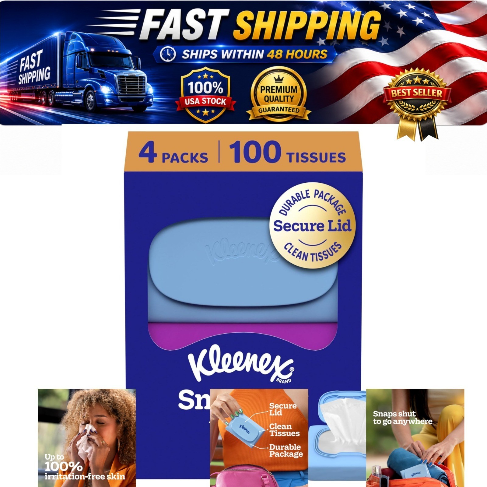 Kleenex Snap & Go Ultra Soft Facial Tissues 4 Packs 100 Count