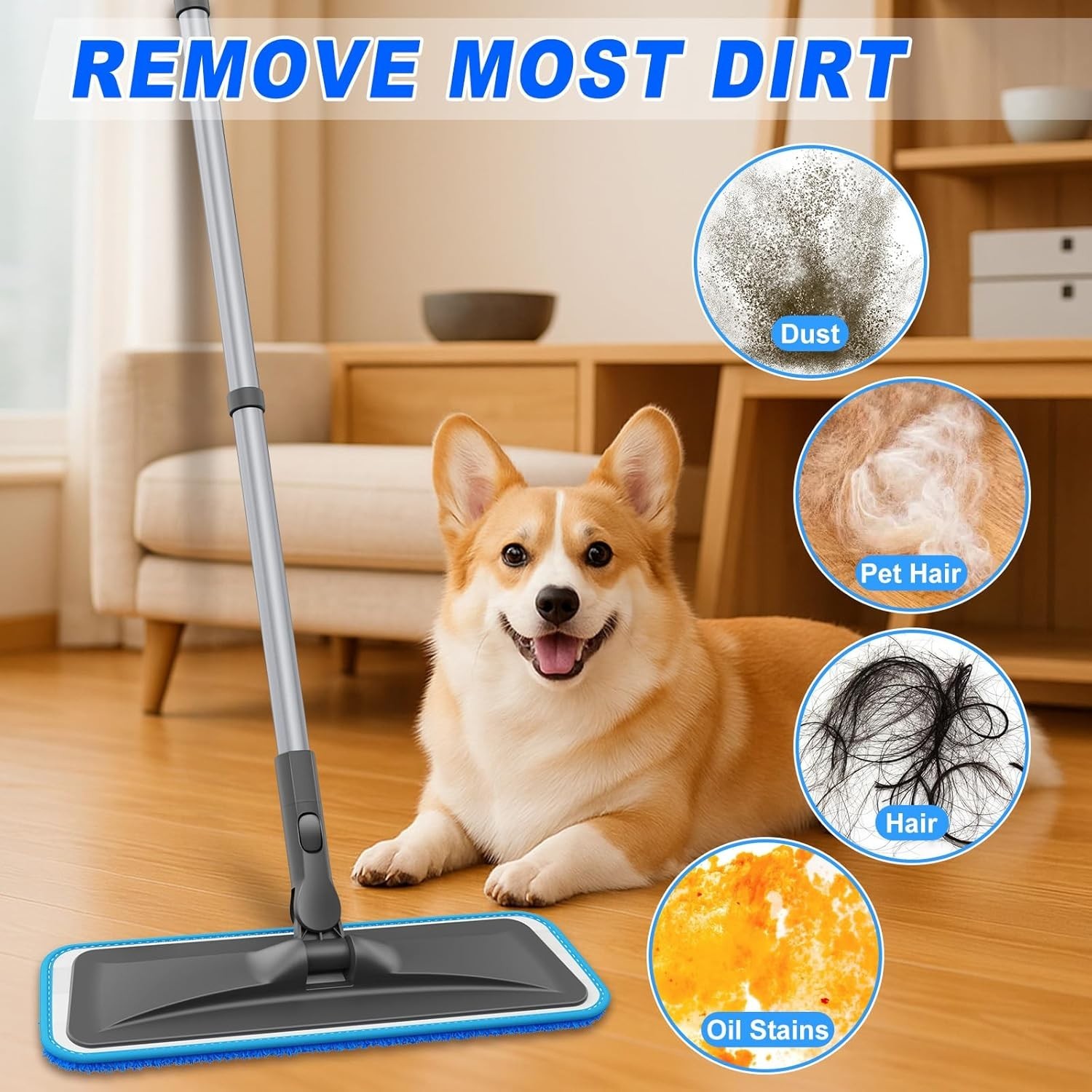 Microfiber Floor Mop Flat Cleaning Tool with 4 Washable Pads Adjustable Handle