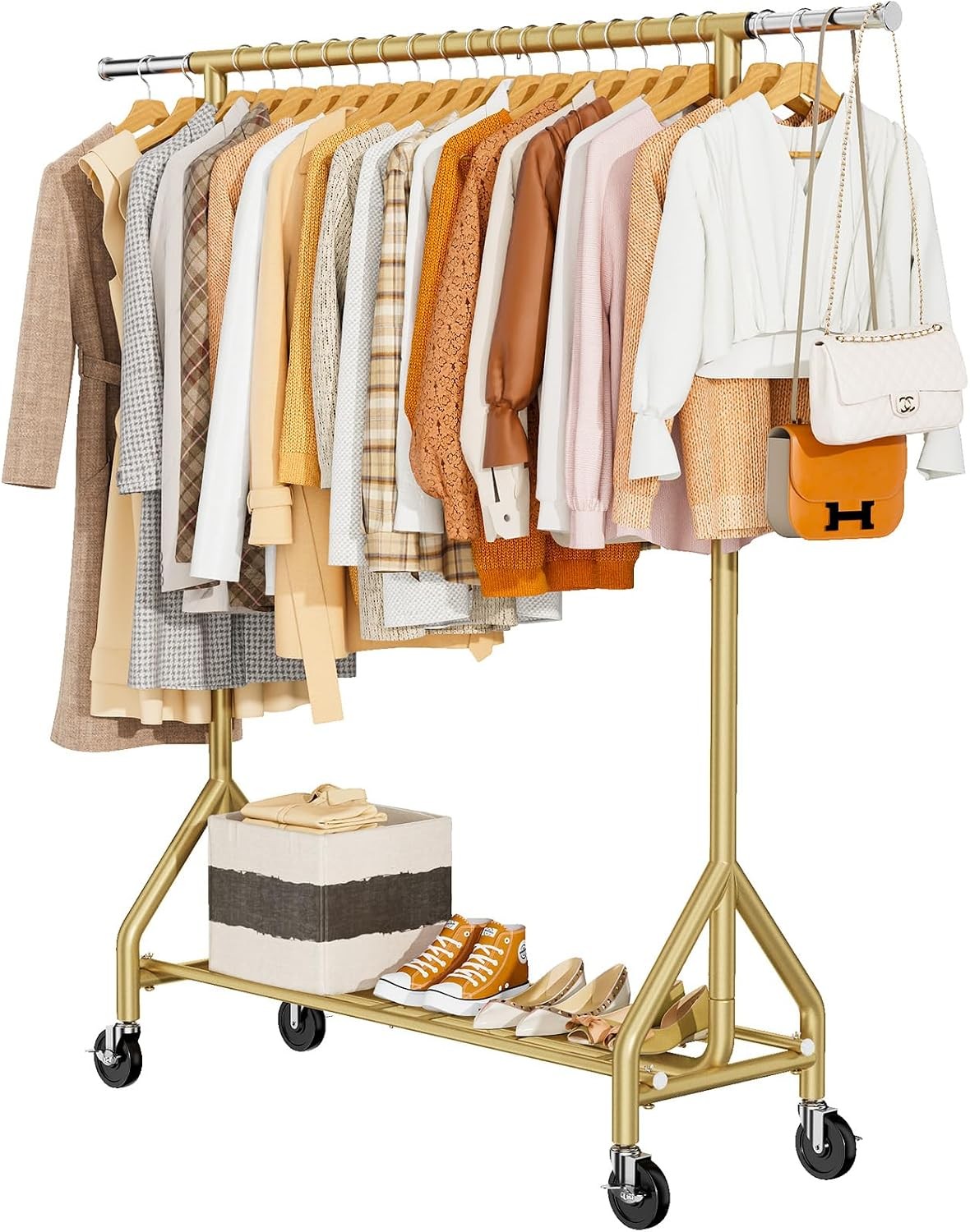 HYSEYY Clothes Rack 450LB Gold Rolling Garment Rack w Shelves Heavy Duty