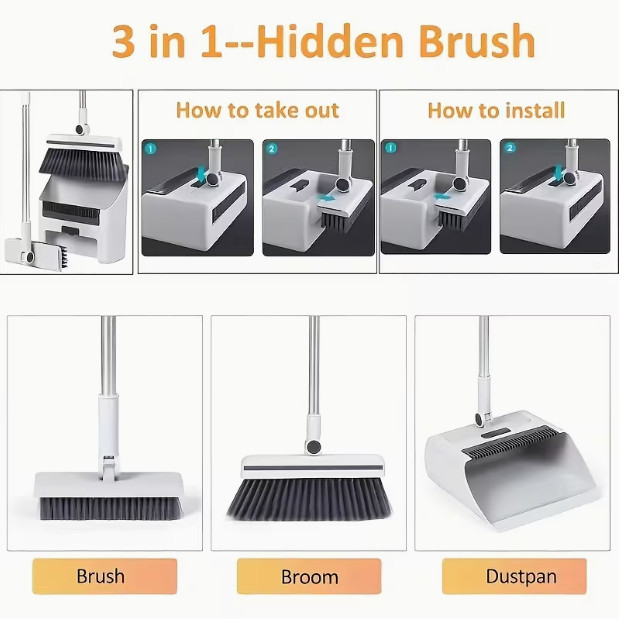 3-In-1 Broom & Dustpan Set, Long Handle Sweeper with Comb Dustpan for Home Clean