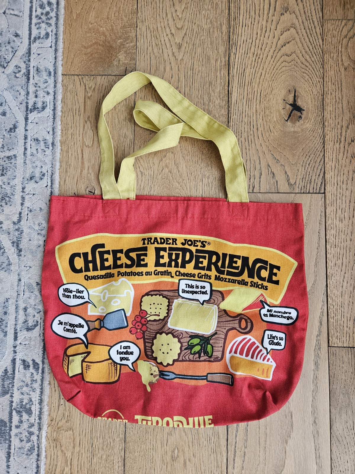 Trader Joe’s Foldable Canvas Shopping Bag Cheese Experience Red Yellow Pop Art