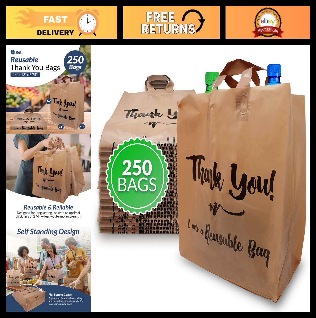 250 Pack Reusable Thank You Bags | 2 Mil Brown Kraft Shopping Bags | 12″x6.75″x1