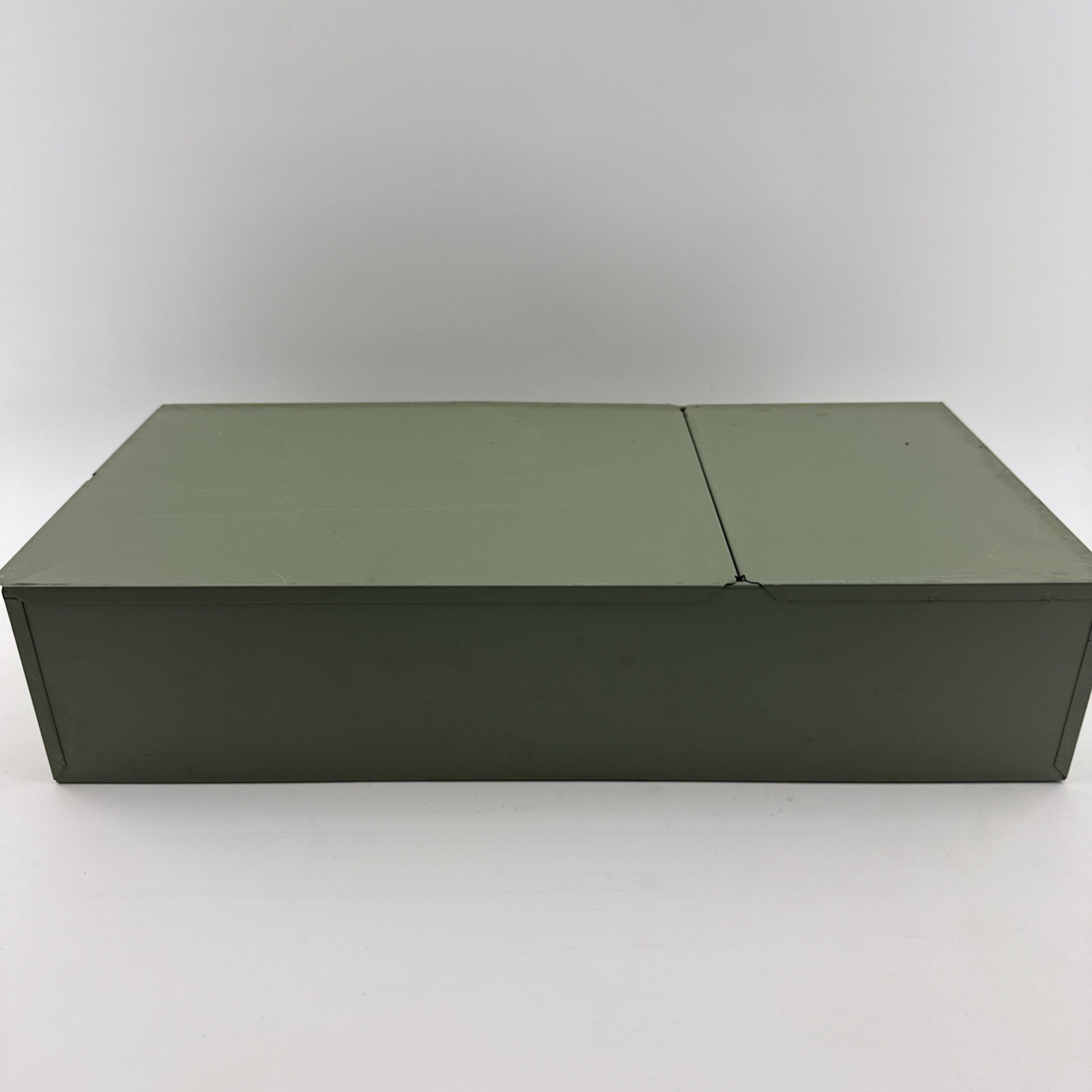 Vintage X-10 Light Green Metal Storage Box 21.5x10x5 Slide Lid