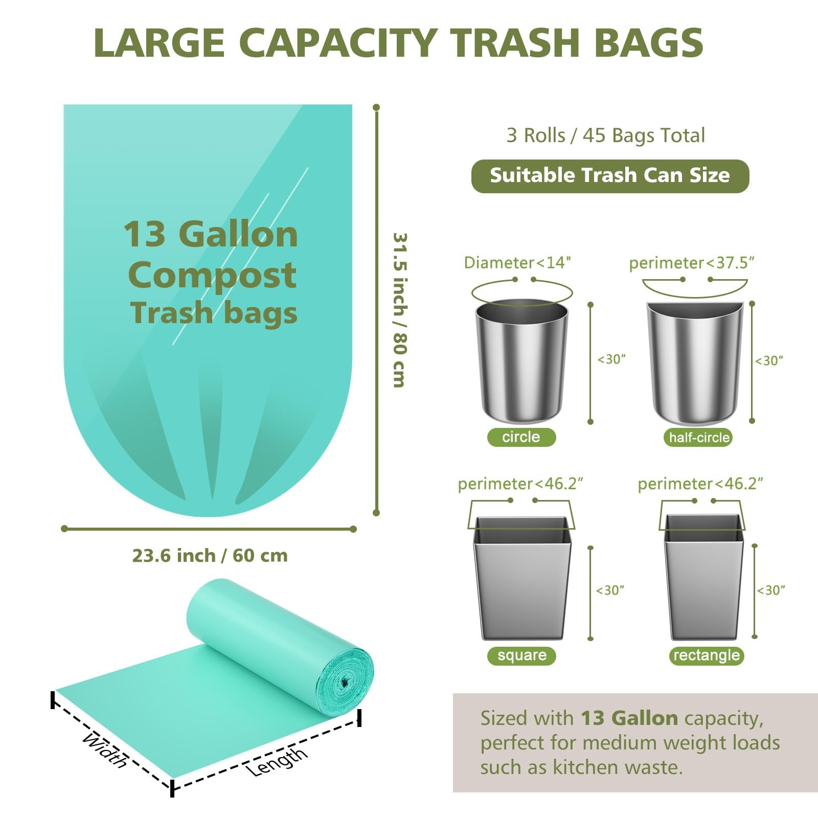 Compostable Trash Bags 13+ Gallon Tall Kitchen Trash Bags 45 Count
