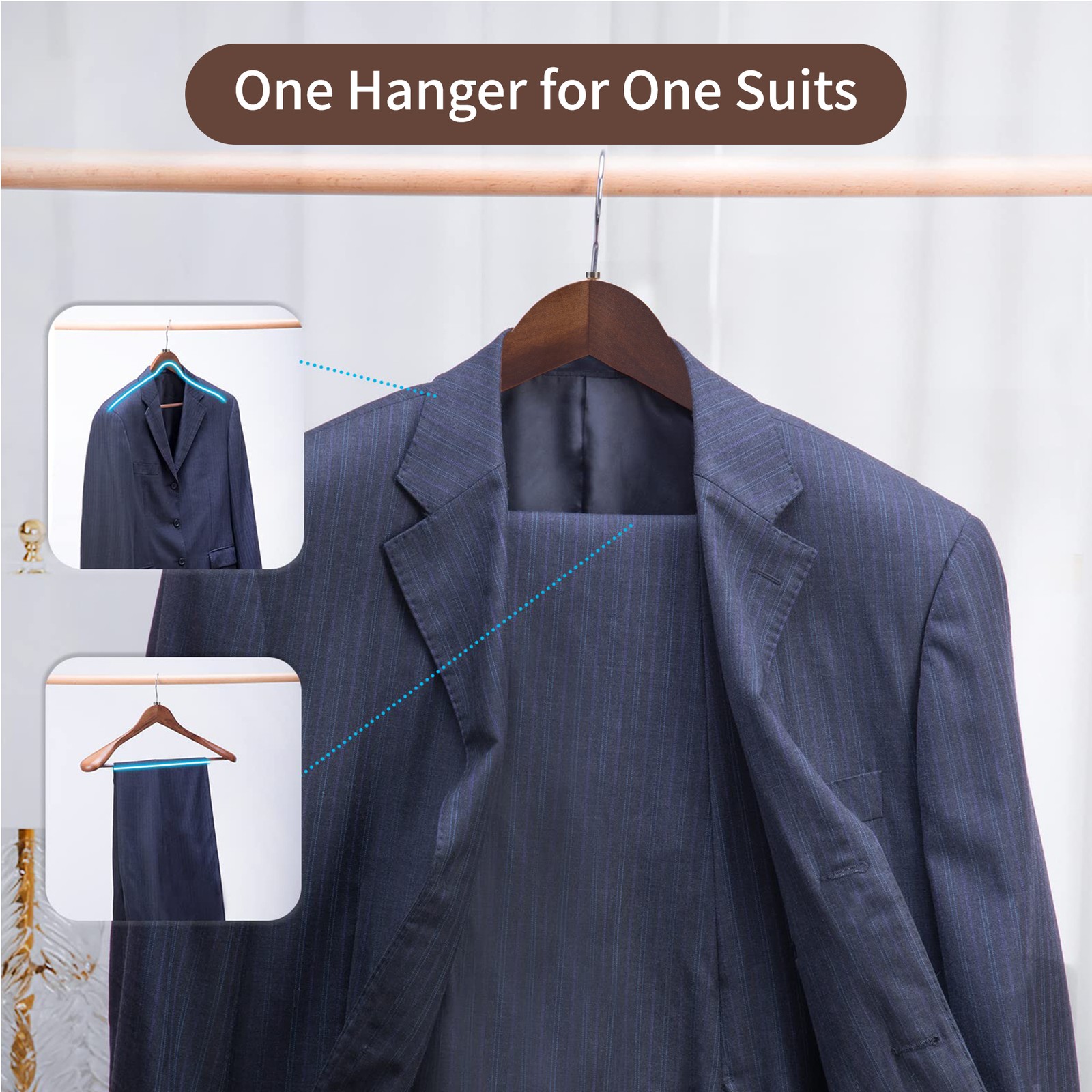 24/48Pcs Wide Shoulder Solid Wood Hangers w/ Non Slip Pants Bar Smooth Finish