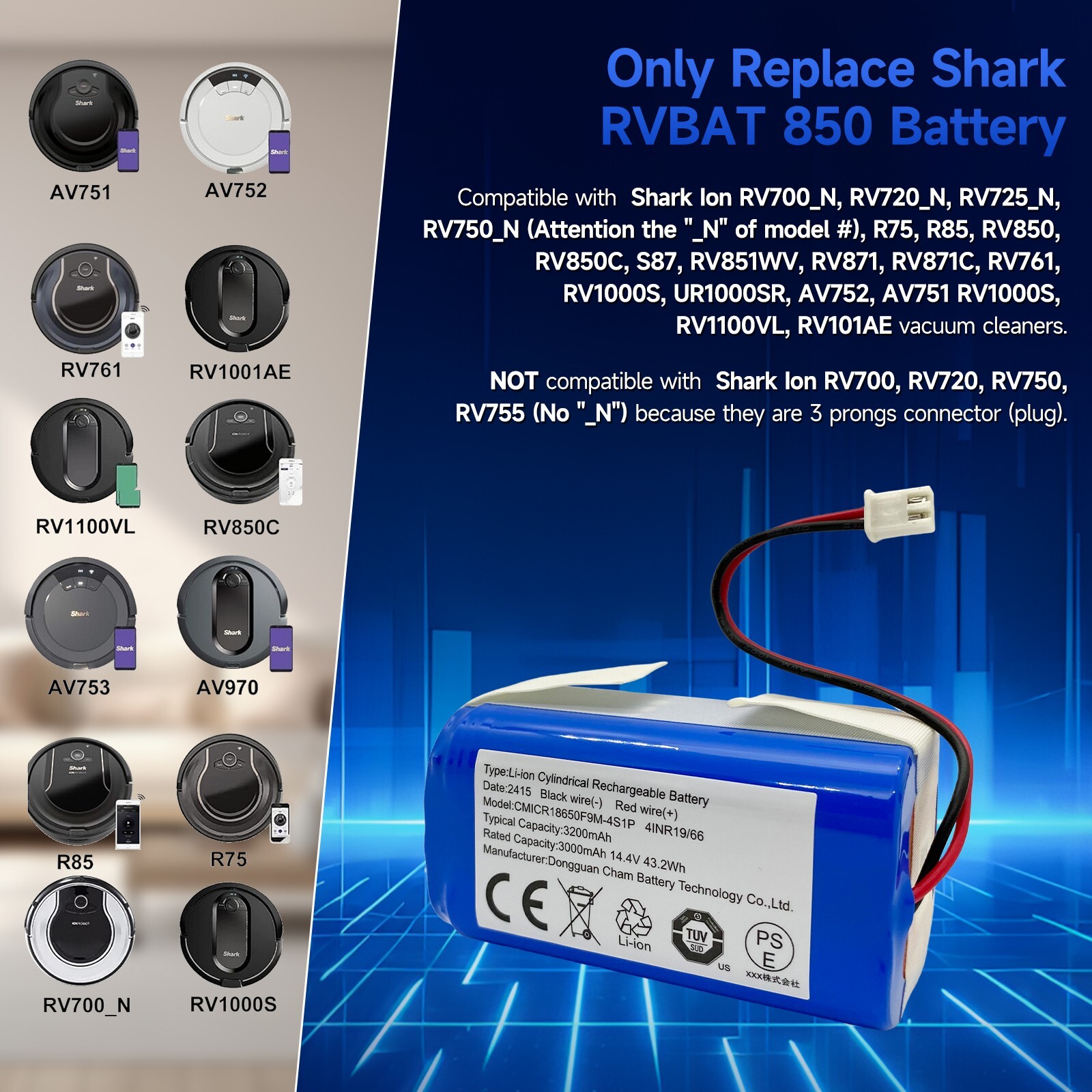 Shark RVBAT850 Battery for R75, R85, RV850, R87, RV871, S87, RV851WV (2 Prongs)