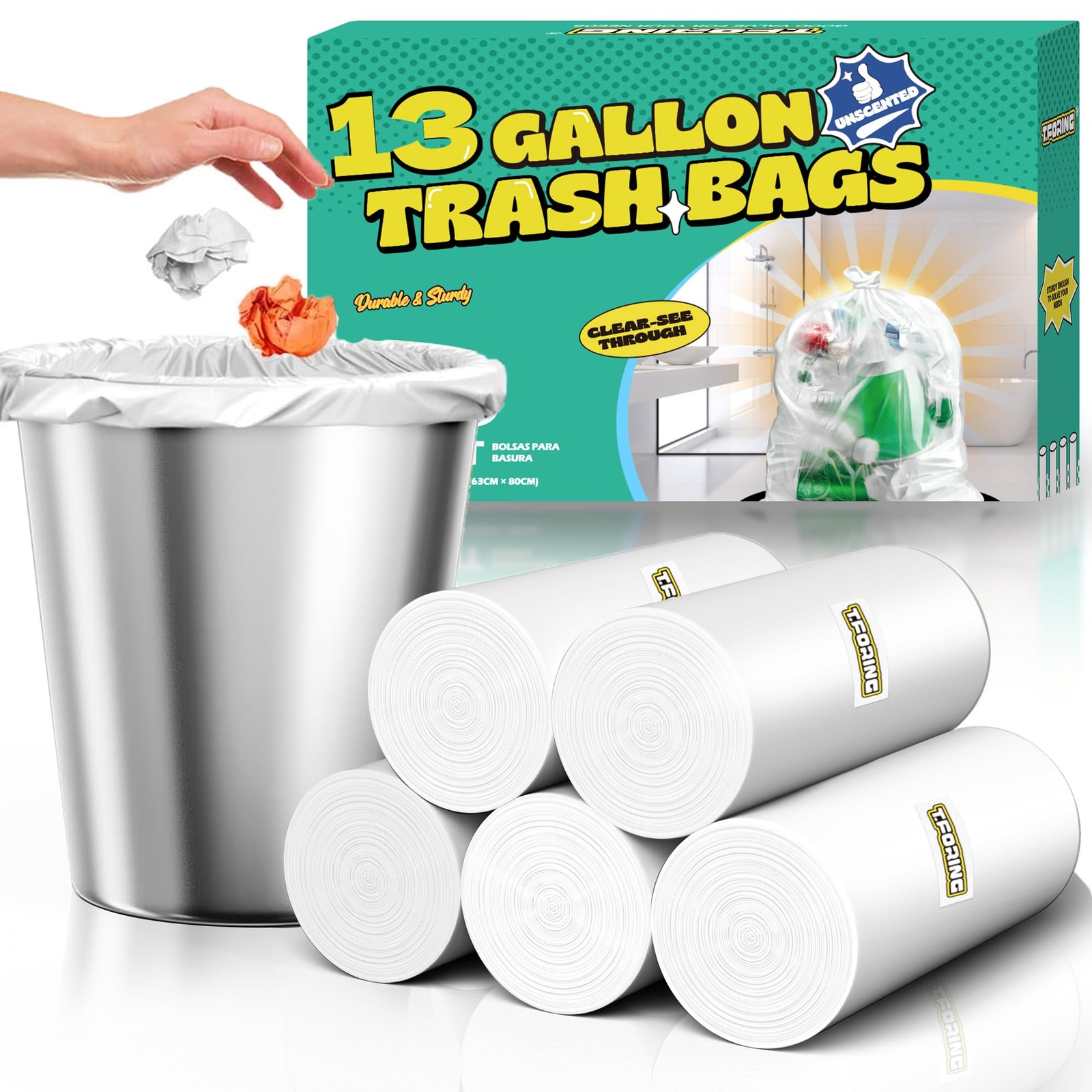 T.FORING 13 Gallon Tall Kitchen Trash Bags Unscented,1.1 Mil,Clear,110 Ct