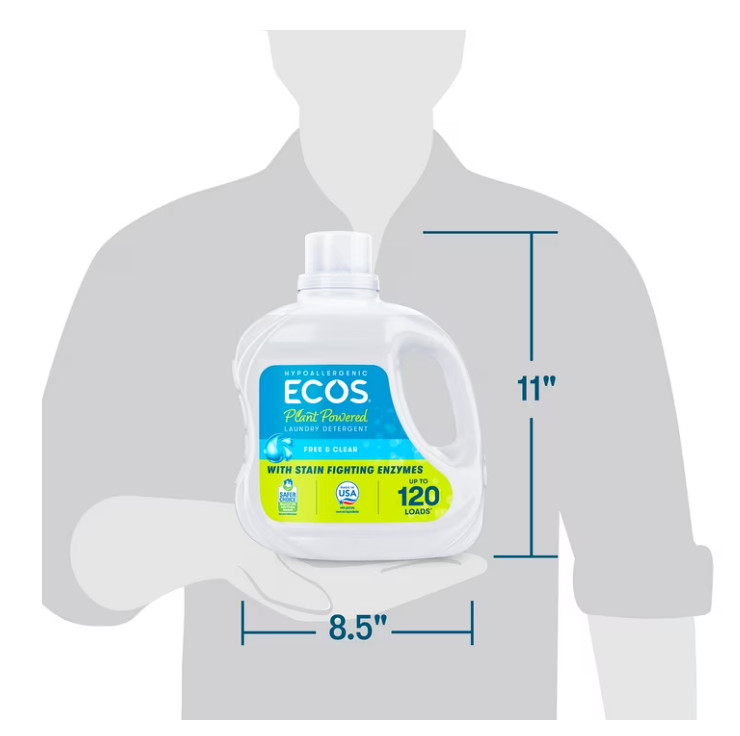 (4 pack) ECOS Hypoallergenic for Sensitive Skin, Free & Clear 120 Loads 110oz