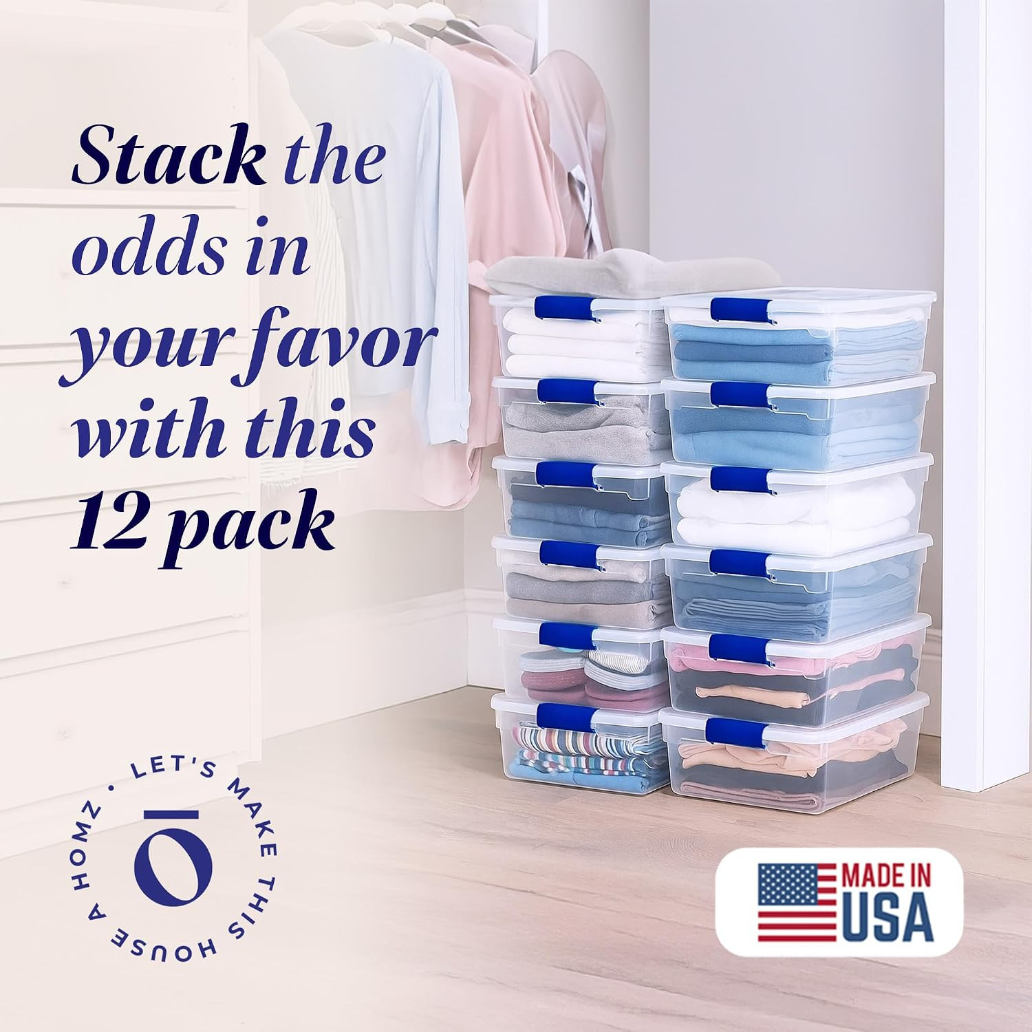 12-Pack Secure Latch, Clear Plastic Storage Organizer Bins, 15.5 Quart, Blue – S