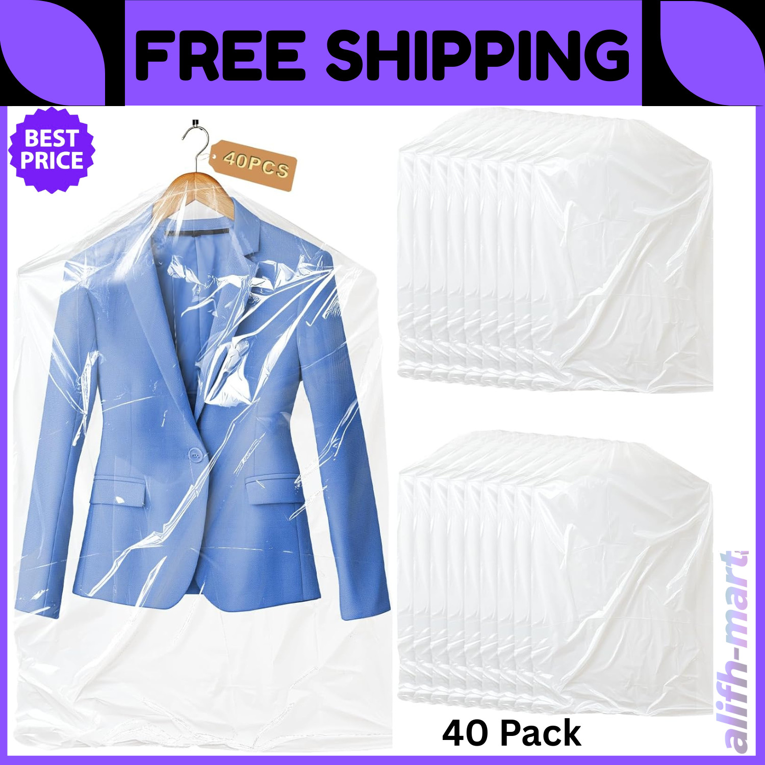 40 Pcs Dry Cleaner Clothes Covers Plastic Clear Garment Bags for Clothes 60x90cm