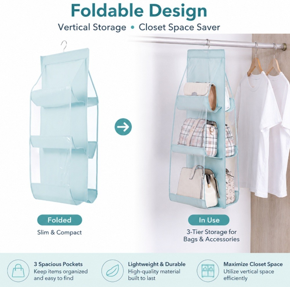 Hanging Handbag Organizer for Wardrobe – 6 Pocket Shelf Bag Storage Holder