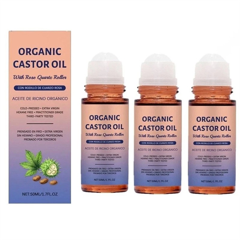 3x Organic Golden Castor Oil Roll-On with Rose Quartz for Skin,Hair&Wrinkle