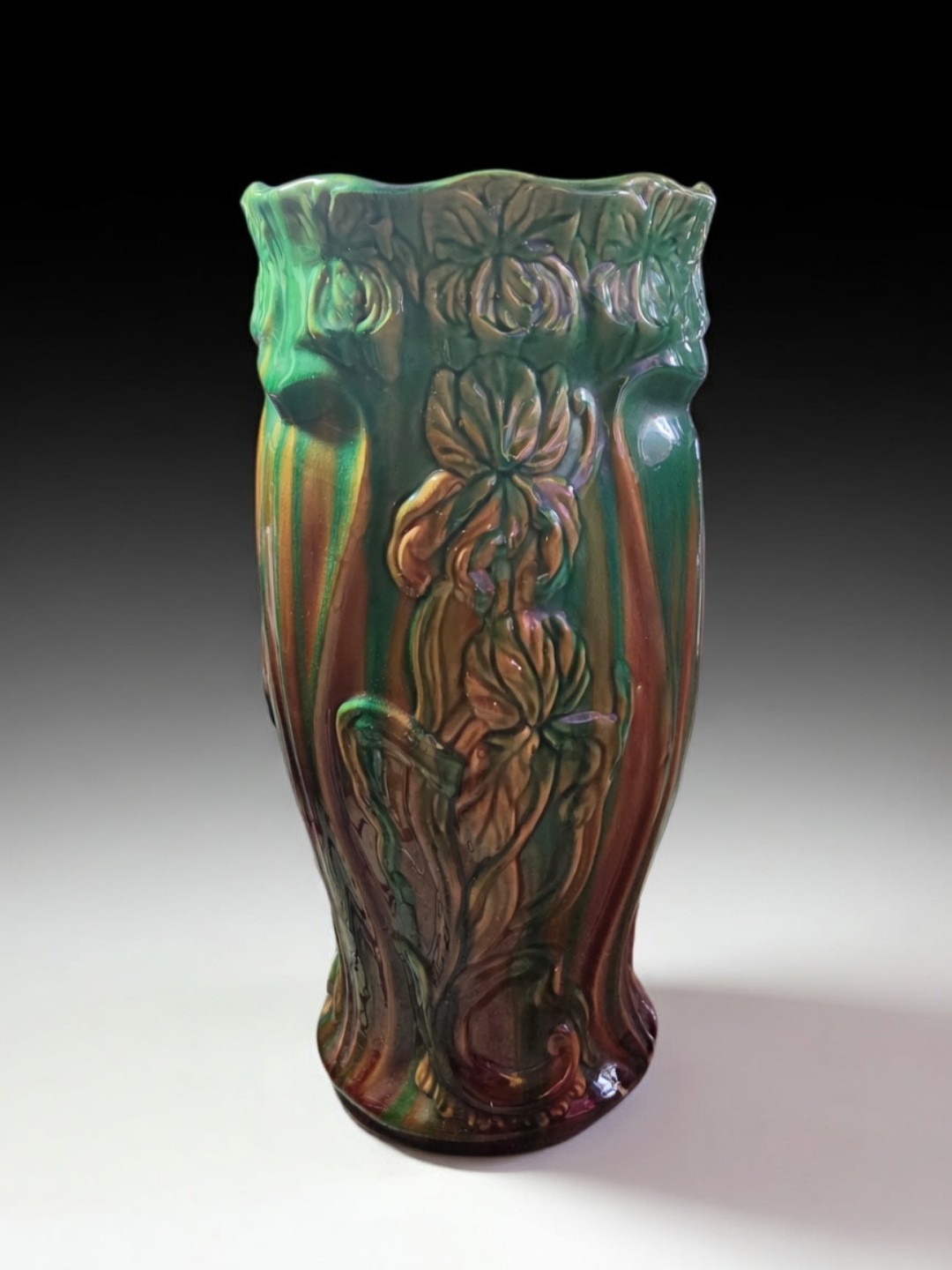 Antique Art Nouveau Roseville Blended Majolica Pottery Umbrella Stand