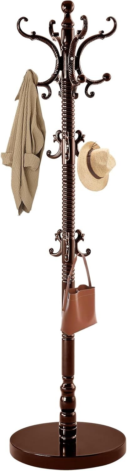 Wooden Coat Rack Freestanding Solid Wood Coat Rack Stand W/ 14 Hooks Vintage