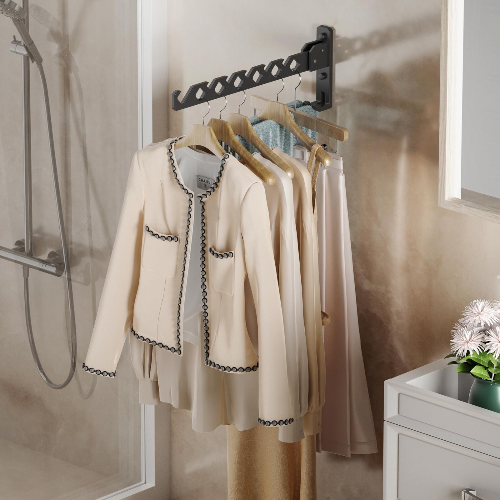 Dr.DJ Wall Mount Coat Hanger Holder Black Clothes Drying 2racks