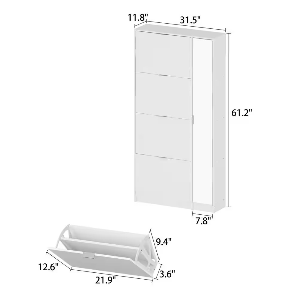 Wood Shoe Storage Cabinet with Mirrored Door Shoe Organizer, 4-Drawers for Entry
