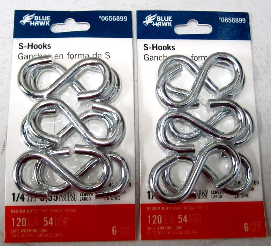 Blue Hawk (0656899) Medium-Duty 1/4″ Long 120lb Safe Load S Hooks – Lot of 12
