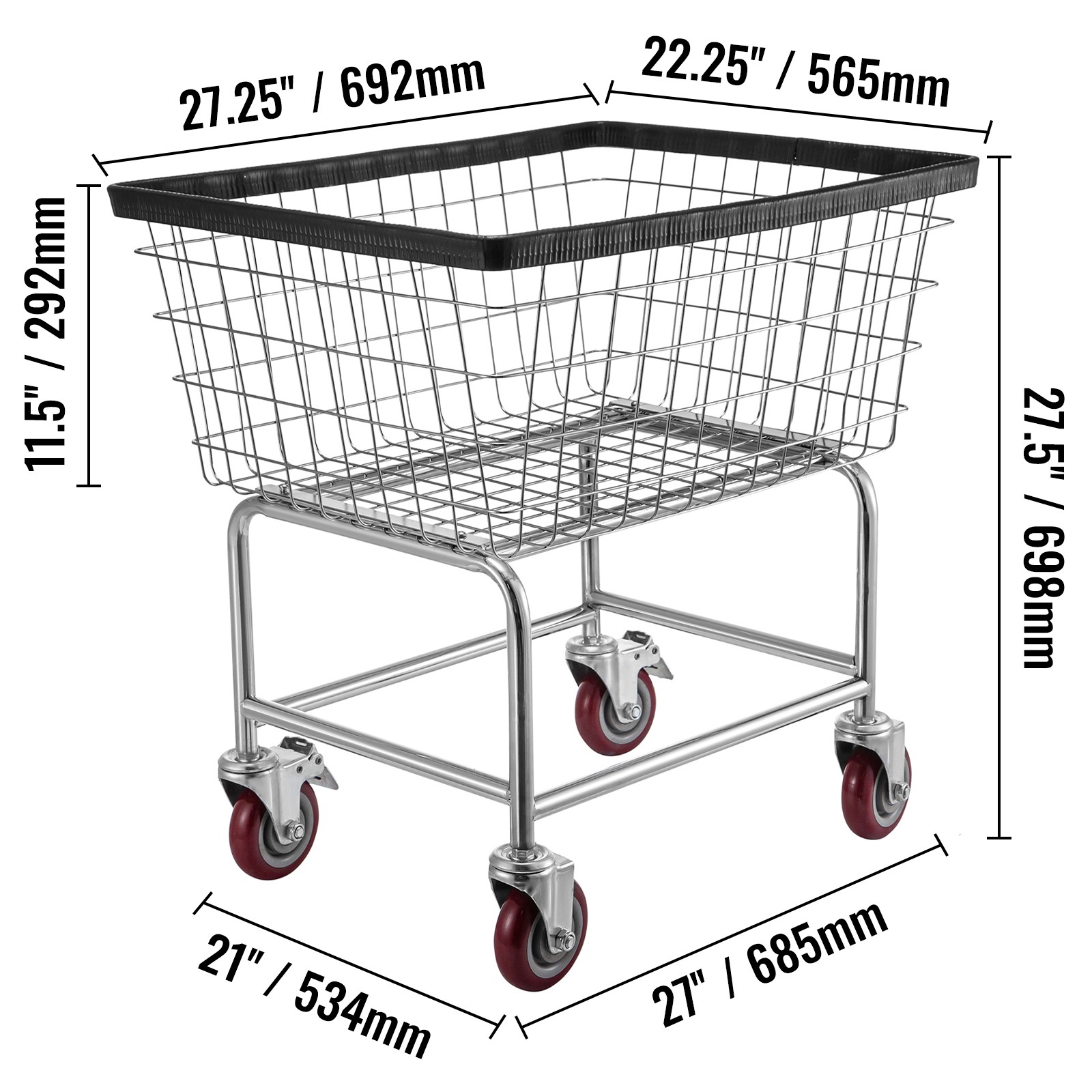 VEVOR Commercial Wire Laundry Basket Cart 2.5 Bushel 22”x27”x27.5”4” Wheels