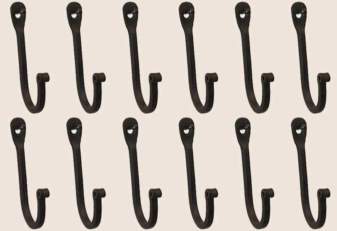 Vintage Hand Forged Iron Classic Early American Plain Hook Black (Set of 12)