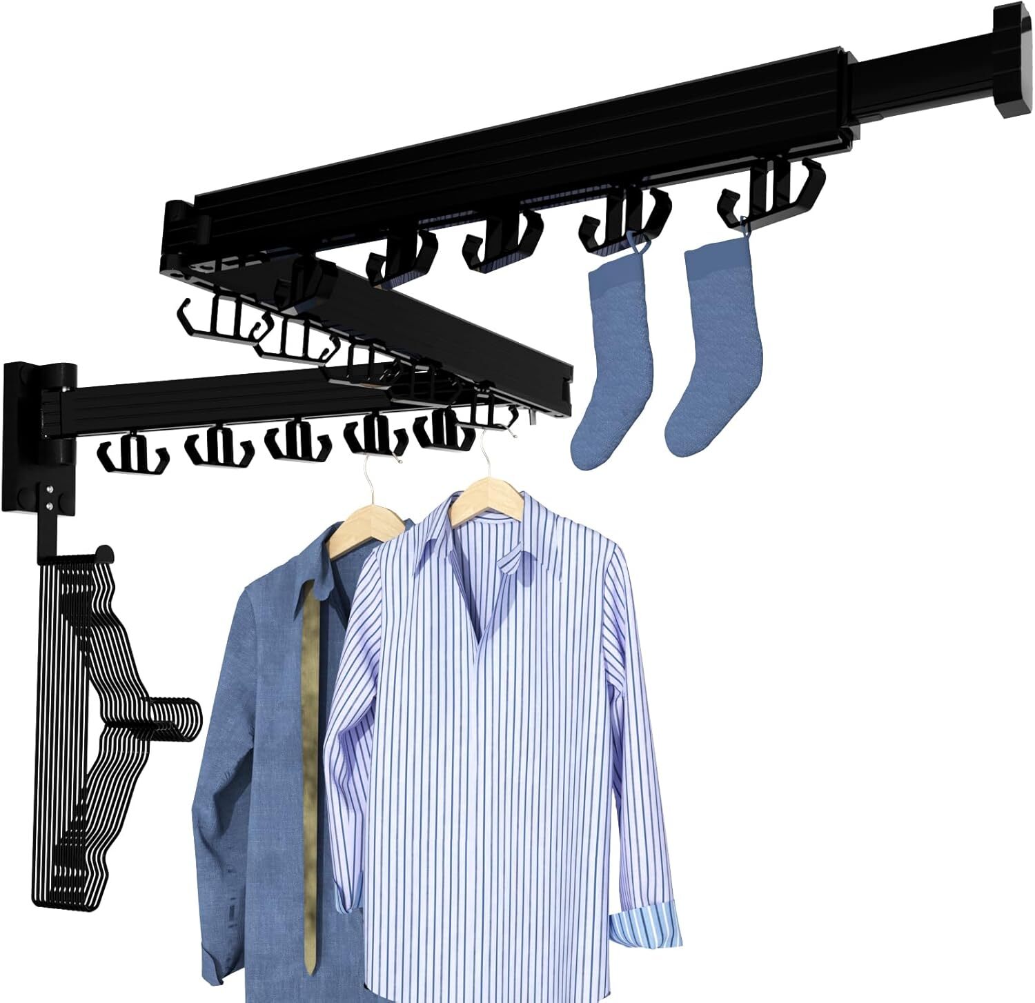 Clothes Drying Rack, Wall Mounted, Foldable Drying Rack with 24 Hooks – Black