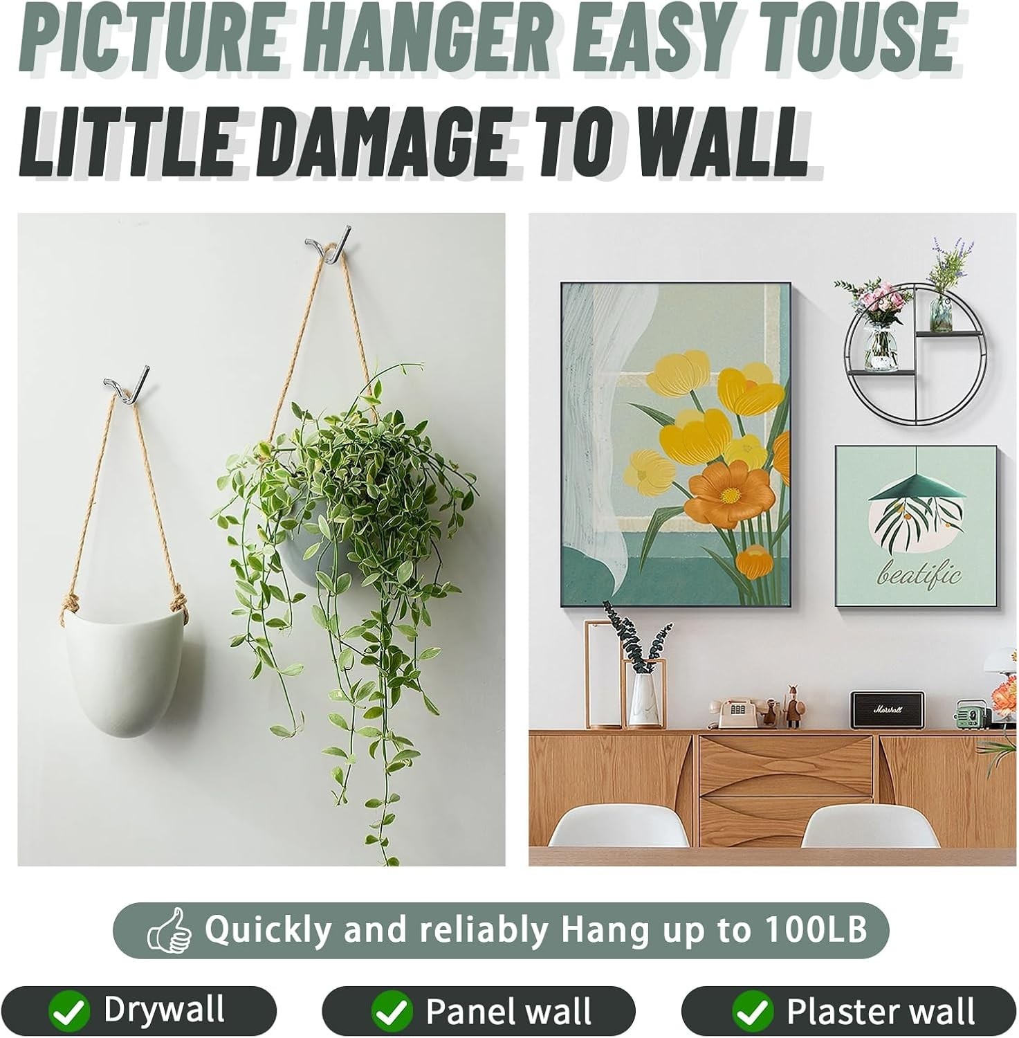 20pcs Super Strong Wall Hooks – Effortless Picture Hanger Kit for Drywall