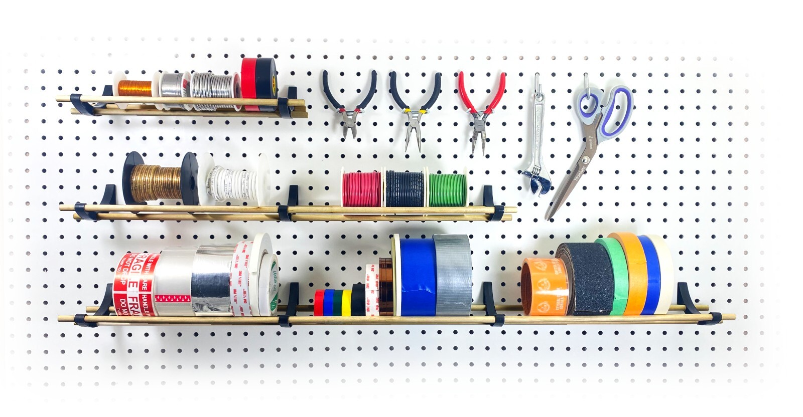 Tape holder and organizer for pegboards, great for tapes, wires and ribbons