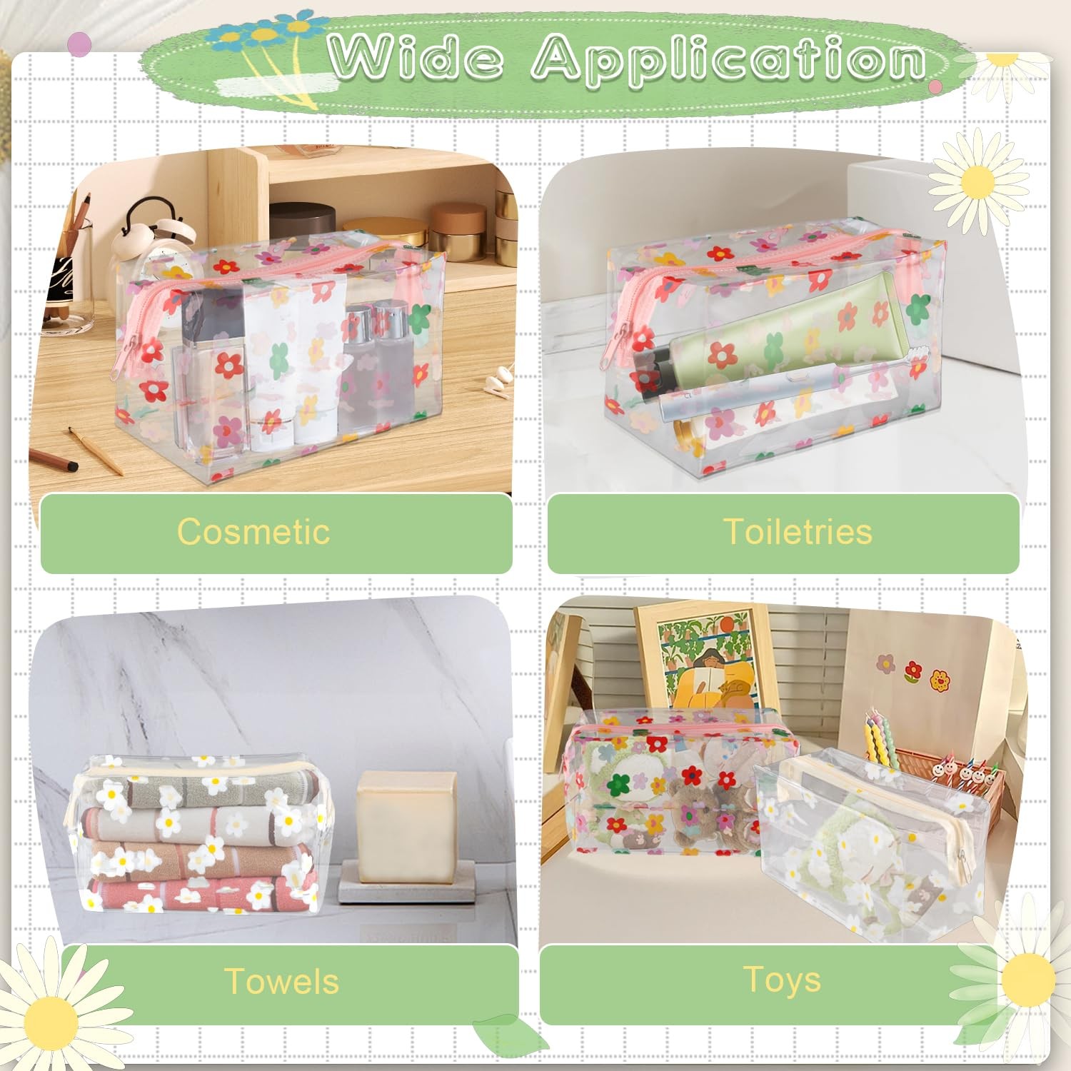 DynnnDy 6 Pcs PVC Flower Toiletries Bags with Zipper 18*9*9cm, white+colorful