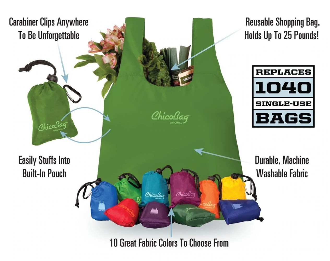 ChicoBag Original Compact Reusable Grocery Bag Tote – Attached Pouch & Carabiner