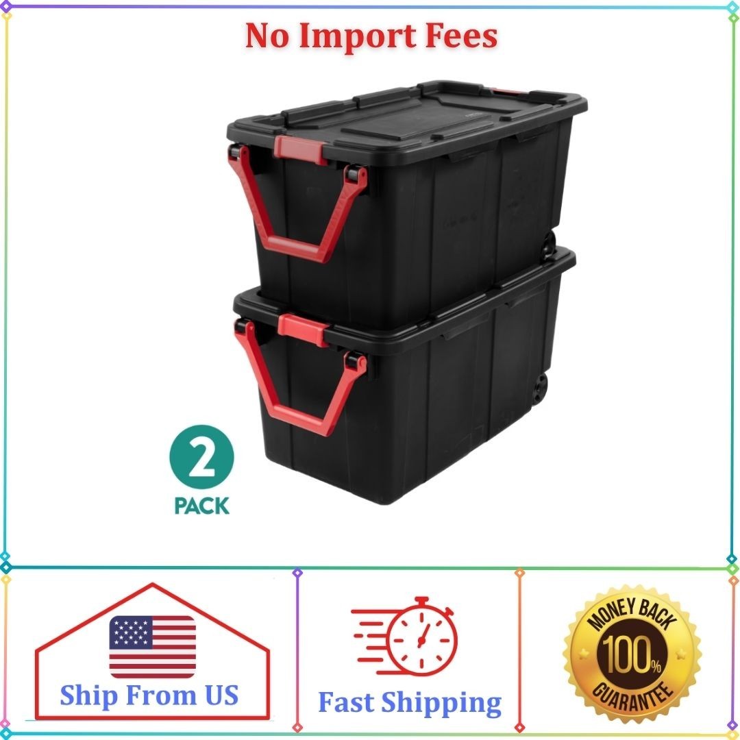 (2 Pack) Sterilite 40 Gallon Wheeled Storage Tote Black Latching Lid Pull Handle