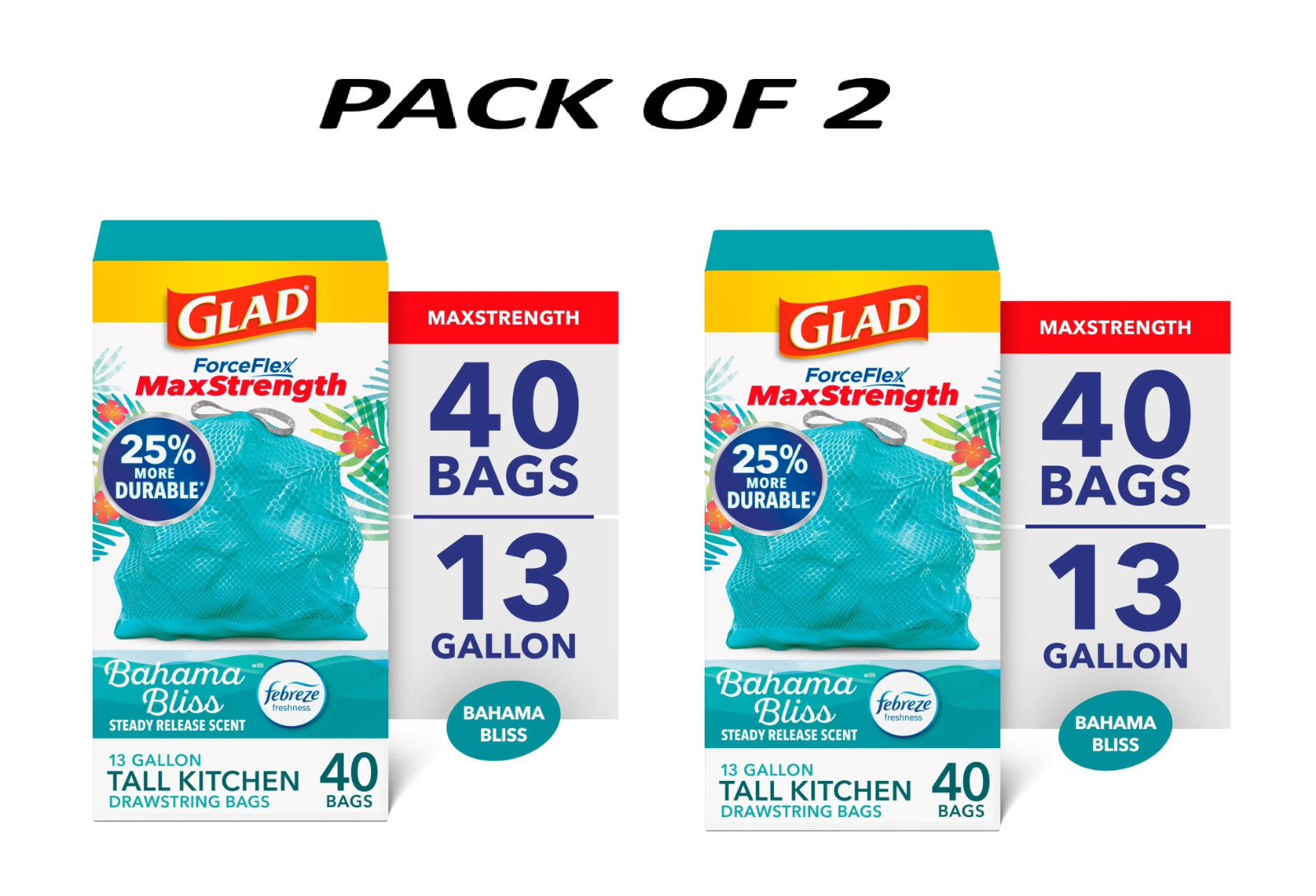 Glad ForceFlex MaxStrength Tall Kitchen Drawstring Trash Bags, 13 Gal, PACK OF 2