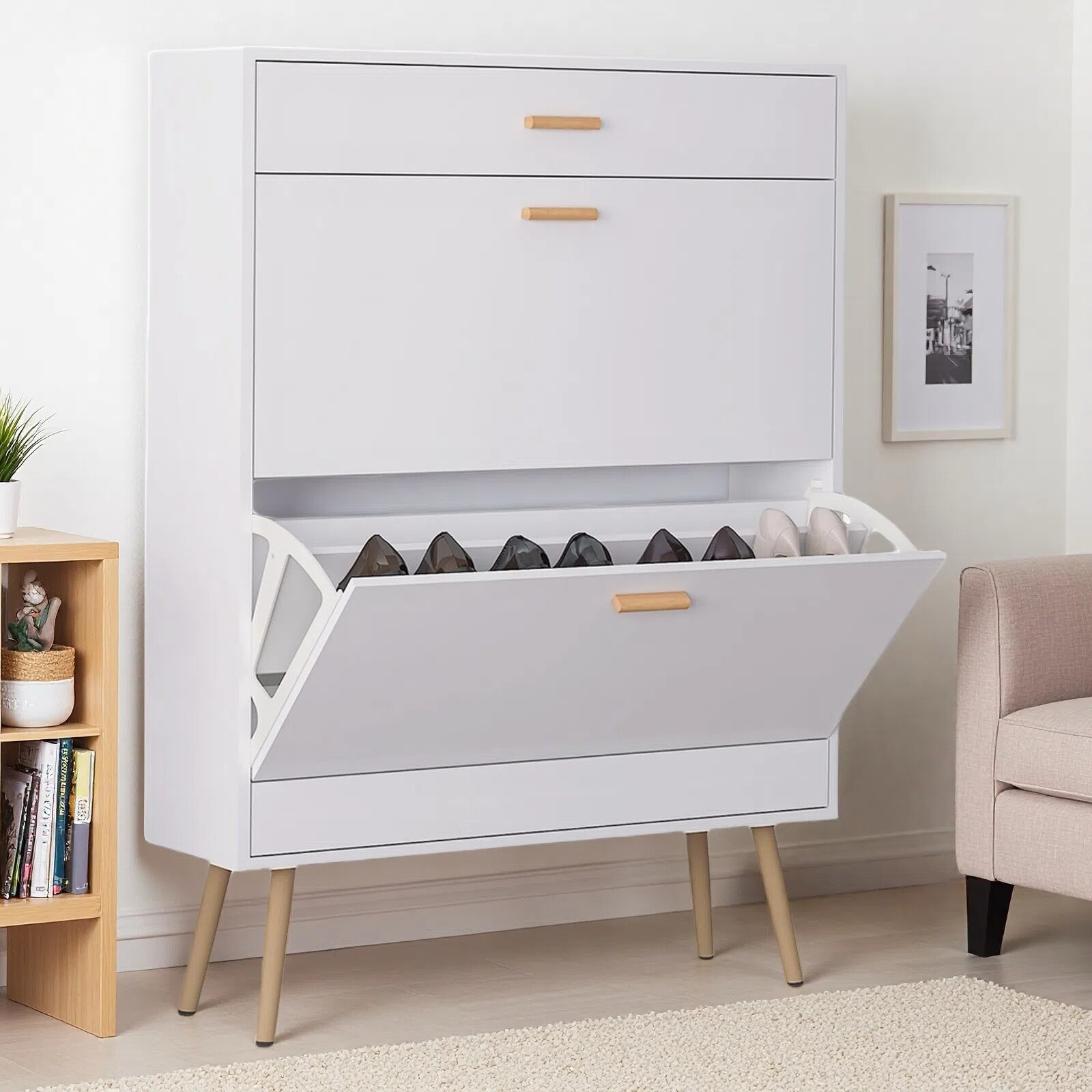 White 2 Flip Drawers Shoe Cabinet, Luxury Shoe Storage & Shoe Rack