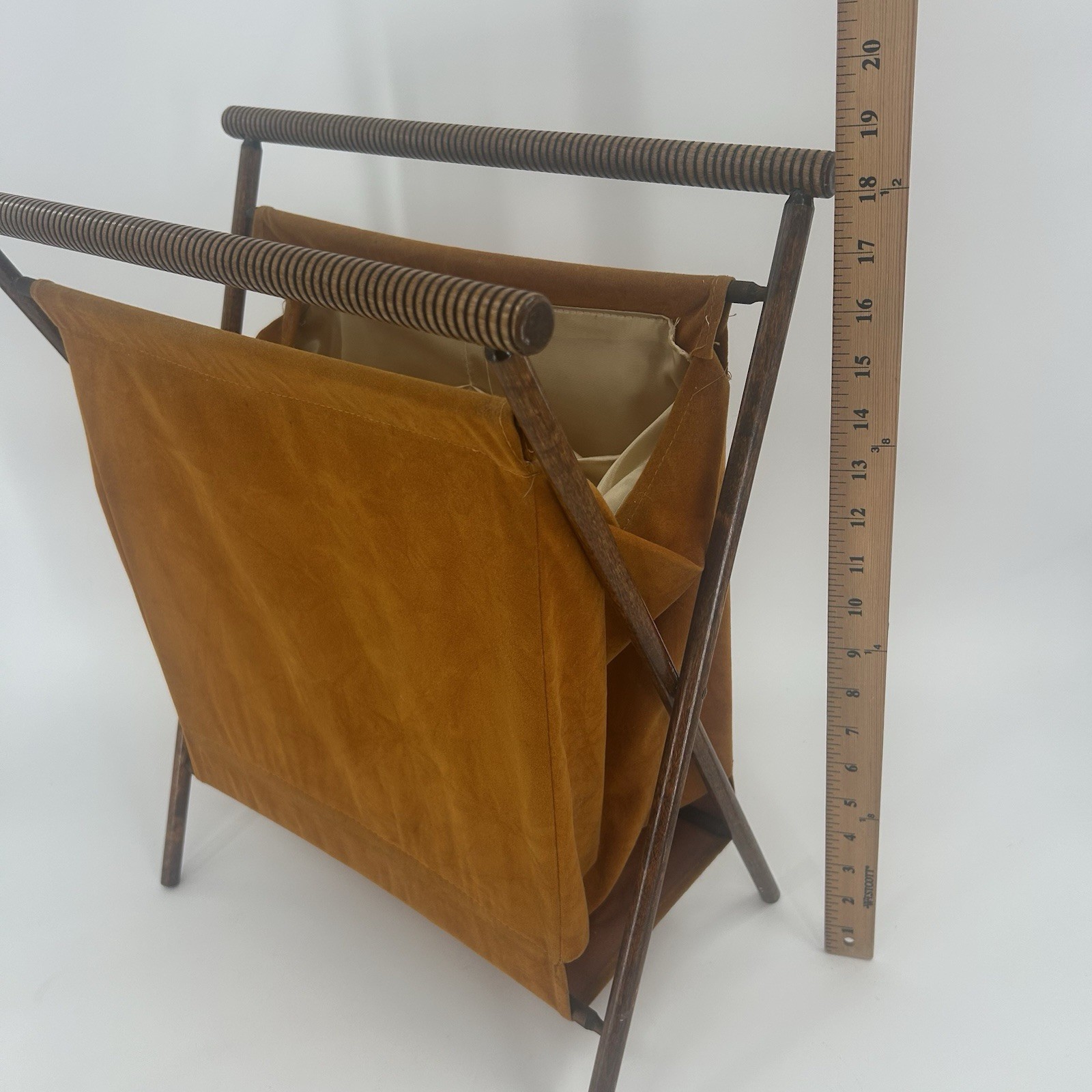 Vintage MCM, Mid Century Modern Folding Wood Leather Magazine Rack Fast Shipping