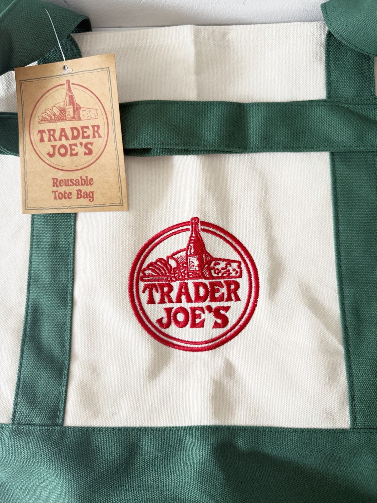 Trader Joe’s 2025 Christmas Green LARGE Canvas Shopping Bag, Off White