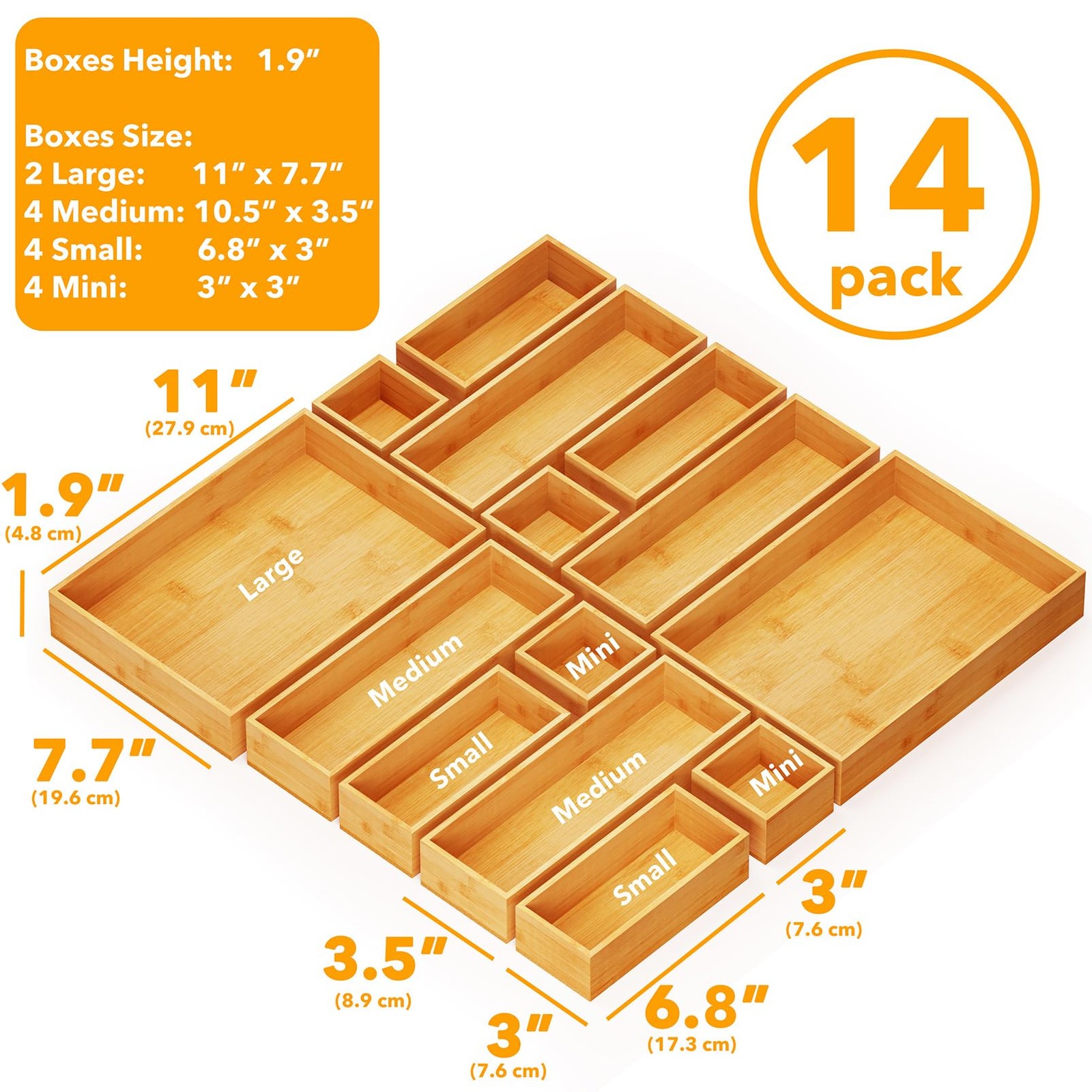 SpaceAid 14Piece Bamboo Drawer Organizer Storage Boxes Set, Wood Tray Junk Dr…