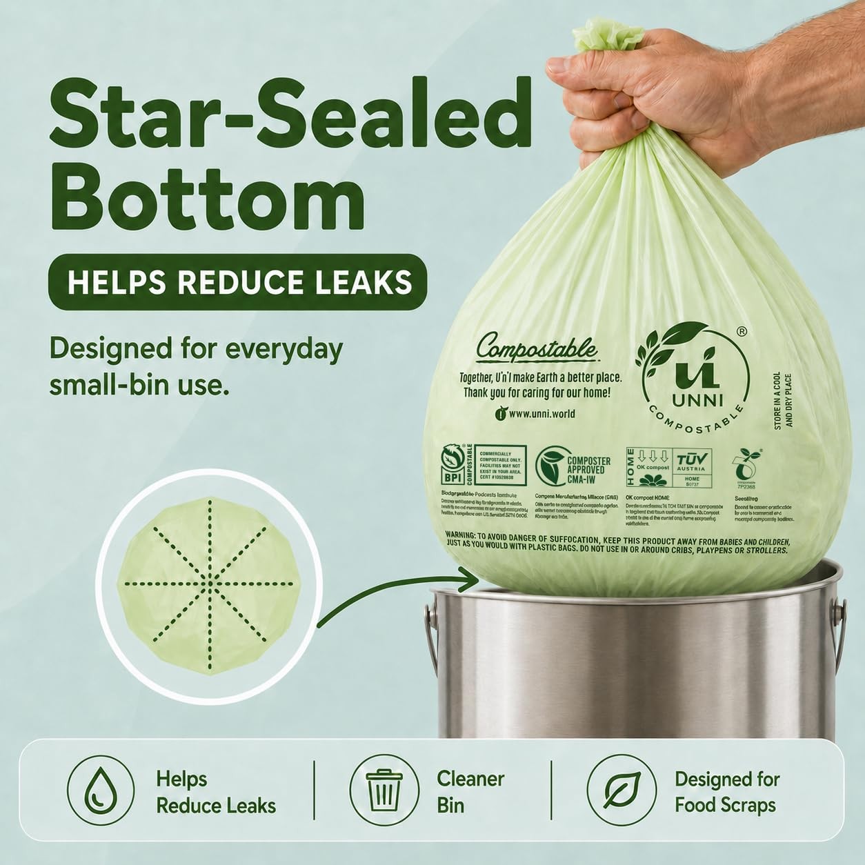 Compostable Trash Bags, 4 Gallon / 15 Liter, 100 Count, Extra Thick 0.75 mil Sma
