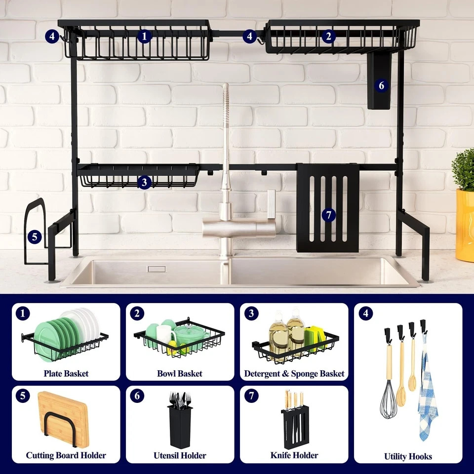 Kitsure Over The Sink Dish Drying Rack – 30.0″ to 33.9″x21.5″, Adjustable Sin…